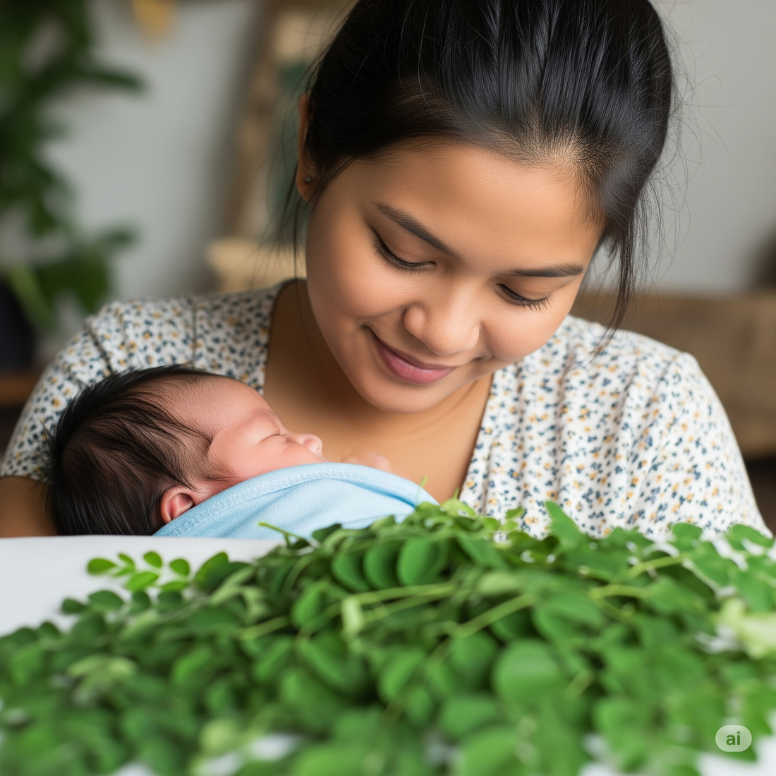 A Filipina mother gently holding her sleeping newborn baby, with a pile of fresh green moringa leaves in the foreground, suggesting natural milk production support